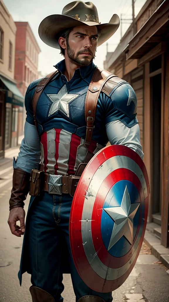 Captain America from Marvel movie in Wild West style, wearing blue Cowboy lather clothes, holding a shield, Cowboy hat and bring a pistol, in cowboy city, cinematic, extremely realistic, extreme detailed, extremely sharp, super high resolution images, best quality photo,