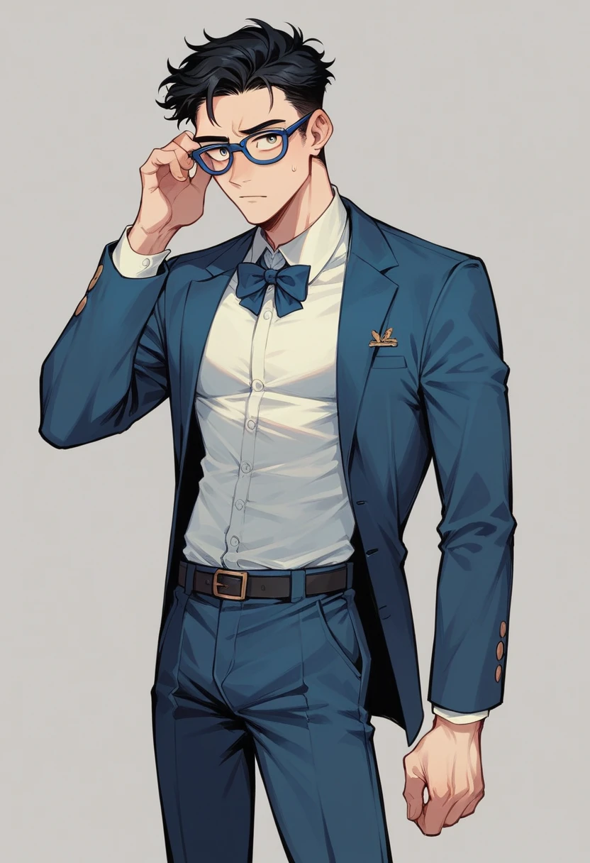 Not a Pixar-style Avatar, Black-haired man, Navy blue suit, Dark blue glasses, Slender Men