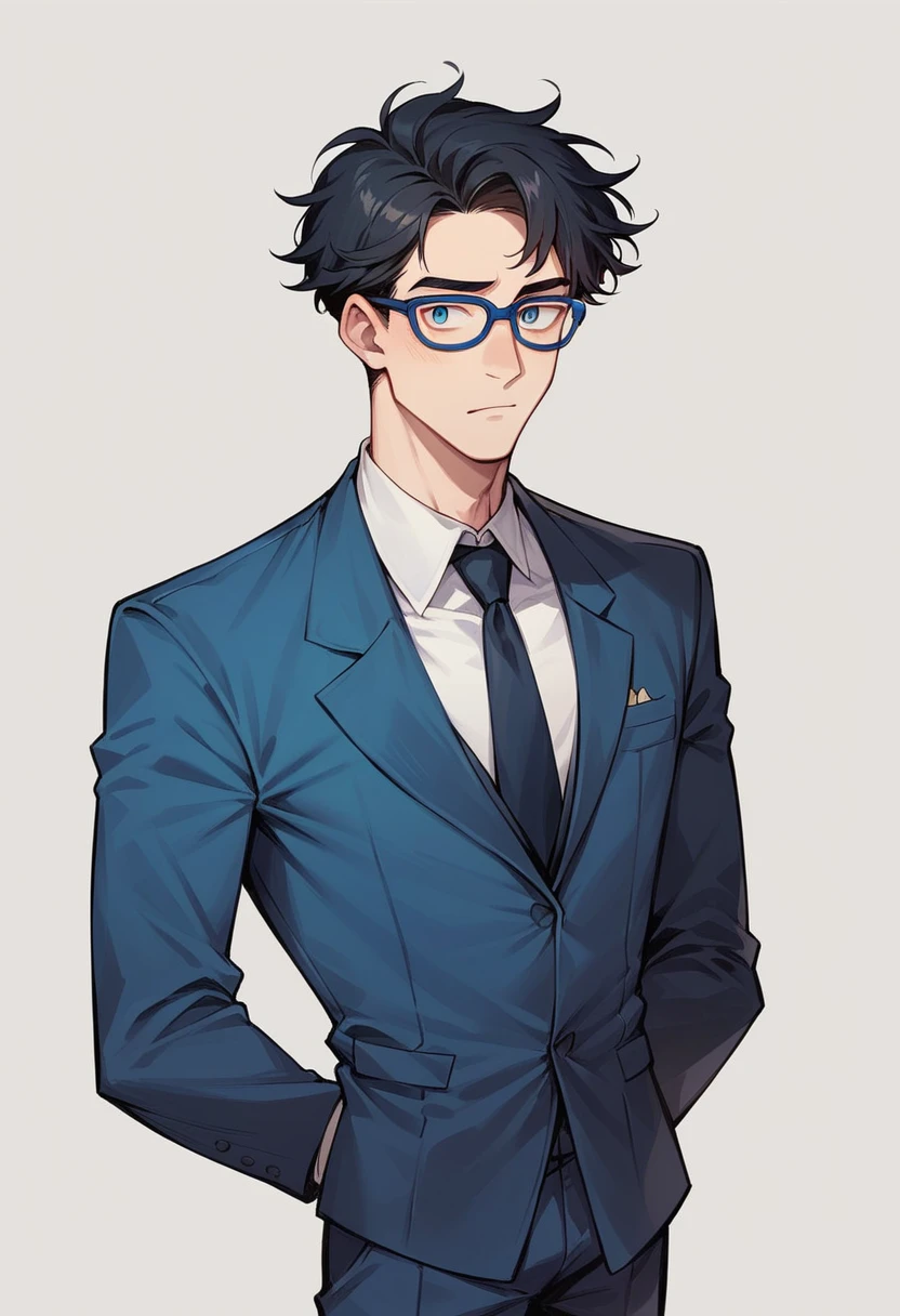 Not a Pixar-style Avatar, Black-haired man, Navy blue suit, Dark blue glasses, Slender Men