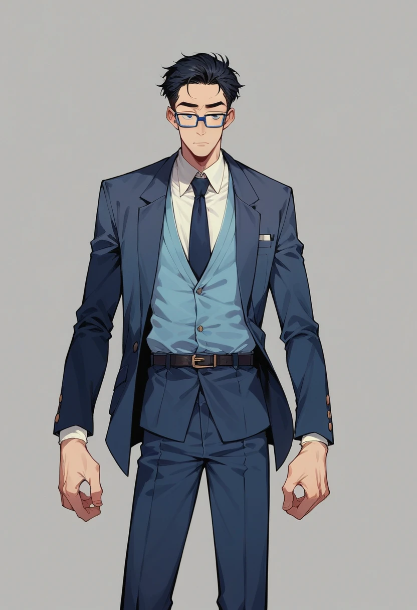 Not a Pixar-style Avatar, Black-haired man, Navy blue suit, Dark blue glasses, Slender Men