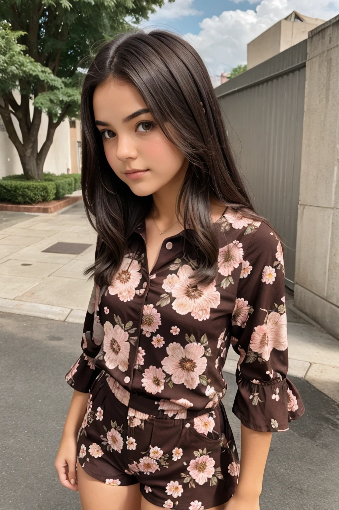 Generat a teen girl with dark brown hair wearing floral outfit