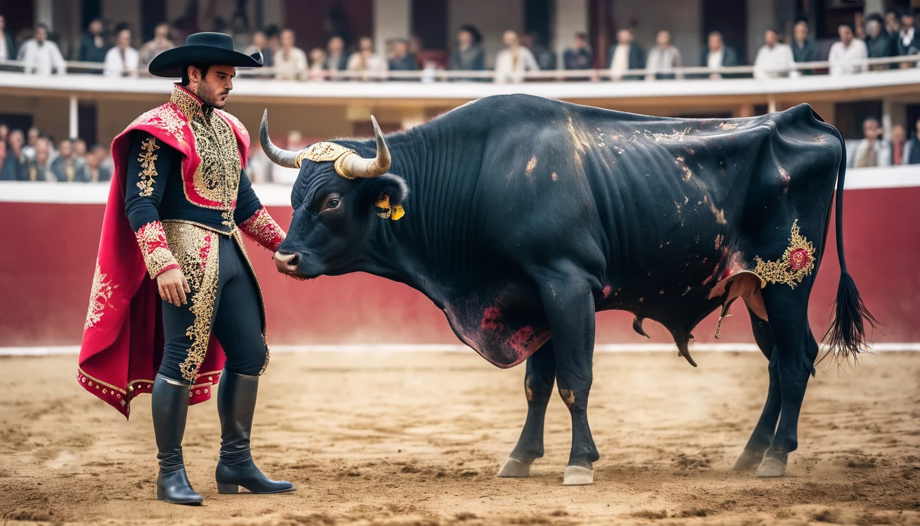 ((retro style image)), 1 bullfighter con traje de luces, bullfighter ((El Cid)), 1 A bull, blood stains on the suit, ((cyberpunk bullring)), a black bull, enorme de frente al bullfighter, ((very high quality image, Cyberpunk's photo, realistic hyperreal science fiction