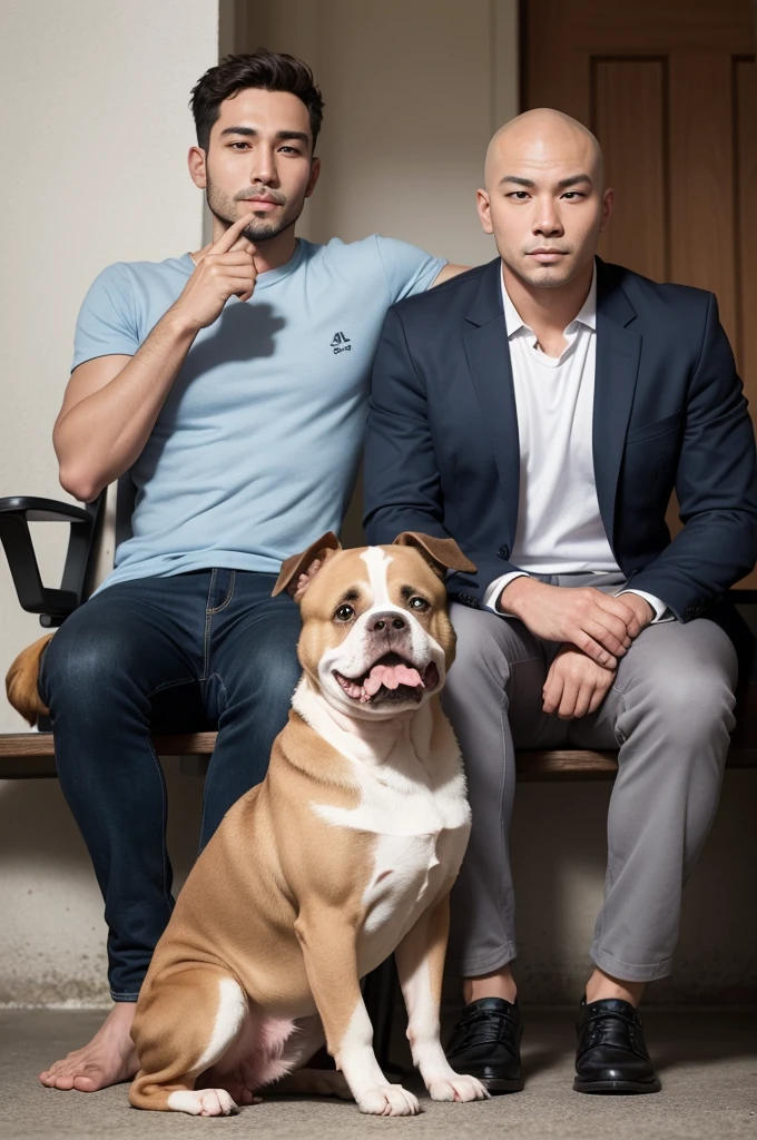Image of a man sitting with a pit bull dog on his right side and another Pekingese dog on his left side