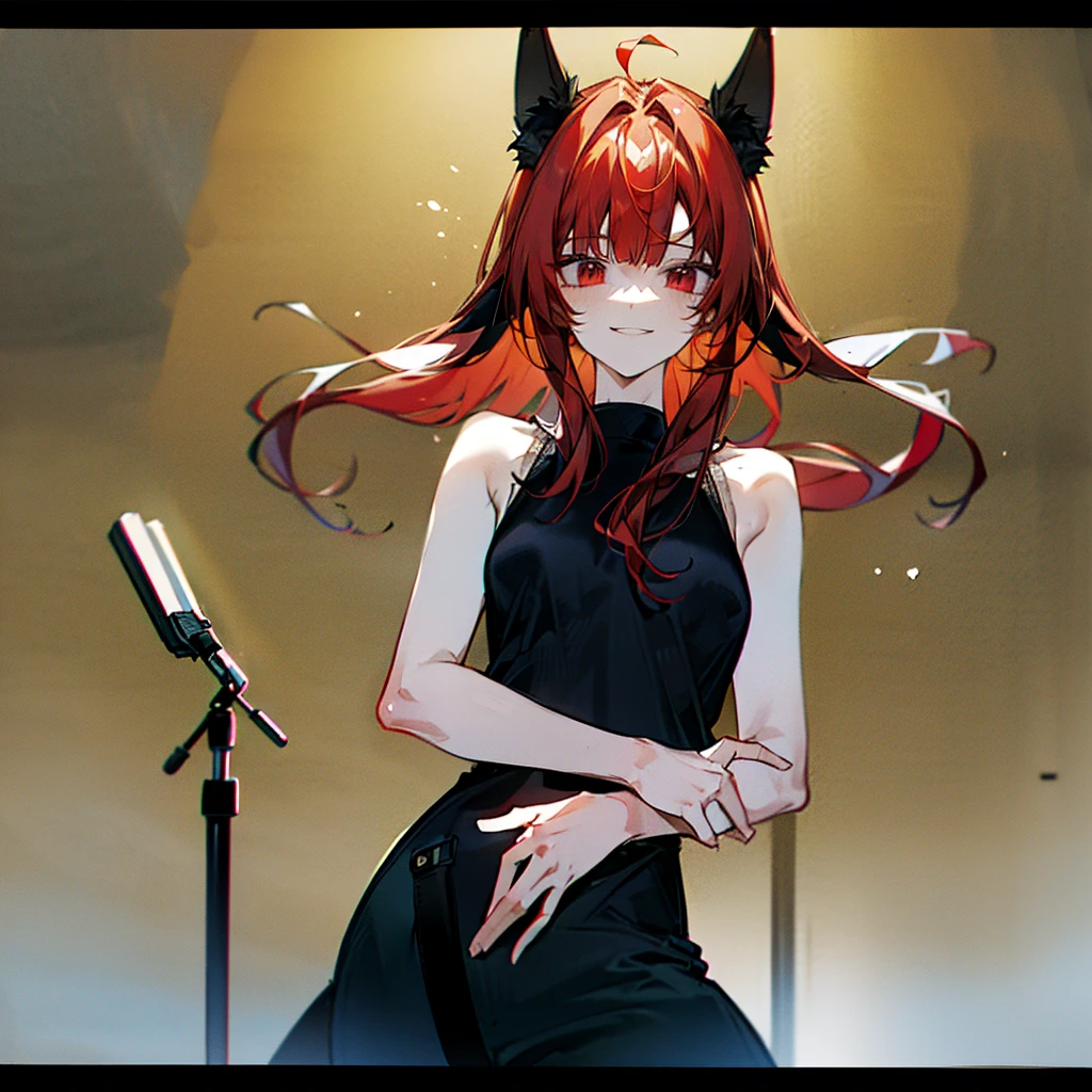 1girl、顔がよく見えるイラスト、On the chest、high resolution、High Quality、smile、Hairstyle with a long neckline、Red mesh hair、Wolf Ears、Black tank top、Hand holding a skeleton microphone、Fewer fingers、Less arms、Facing forward、