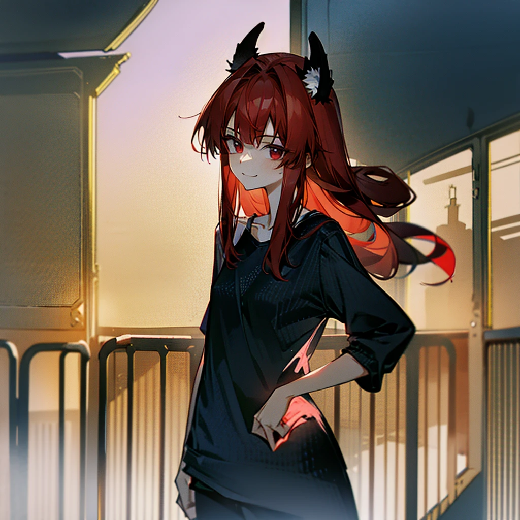 1girl、顔がよく見えるイラスト、On the chest、high resolution、High Quality、smile、Hairstyle with a long neckline、Red mesh hair、Wolf Ears、Black tank top、Hand holding a skeleton microphone、Fewer fingers、Less arms、Facing forward、