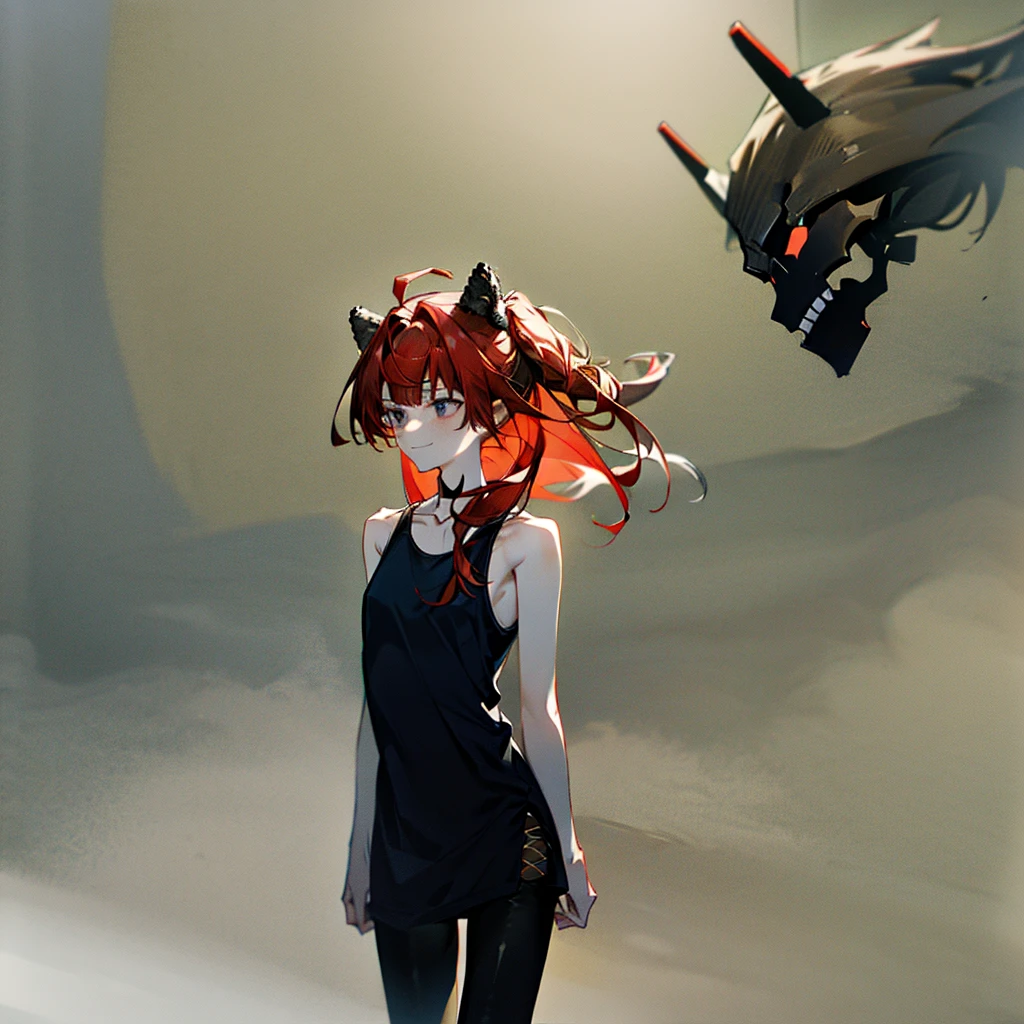 1girl、顔がよく見えるイラスト、On the chest、high resolution、High Quality、smile、Hairstyle with a long neckline、Red mesh hair、Wolf Ears、Black tank top、Hand holding a skeleton microphone、Fewer fingers、Less arms、Facing forward、