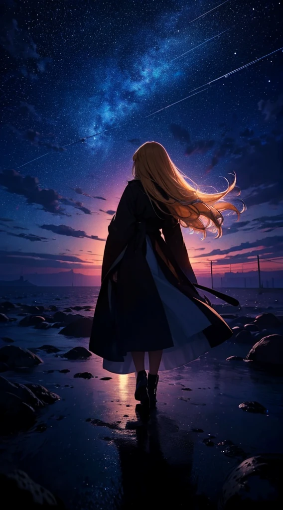 １people々々々々々々々々々々,Blonde long-haired woman，Long coat， Dress Silhouette， Rear View，Space Sky, comet, Anime Style, 屋上からの市街地のrain夜景，rain，