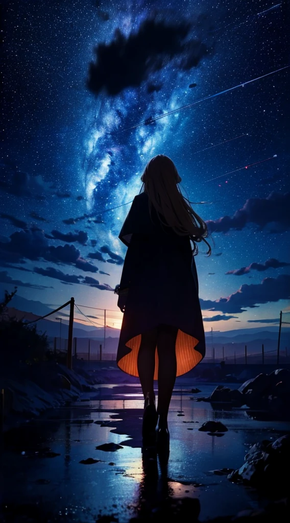 １people々々々々々々々々々々,Blonde long-haired woman，Long coat， Dress Silhouette， Rear View，Space Sky, comet, Anime Style, 屋上からの市街地のrain夜景，rain，