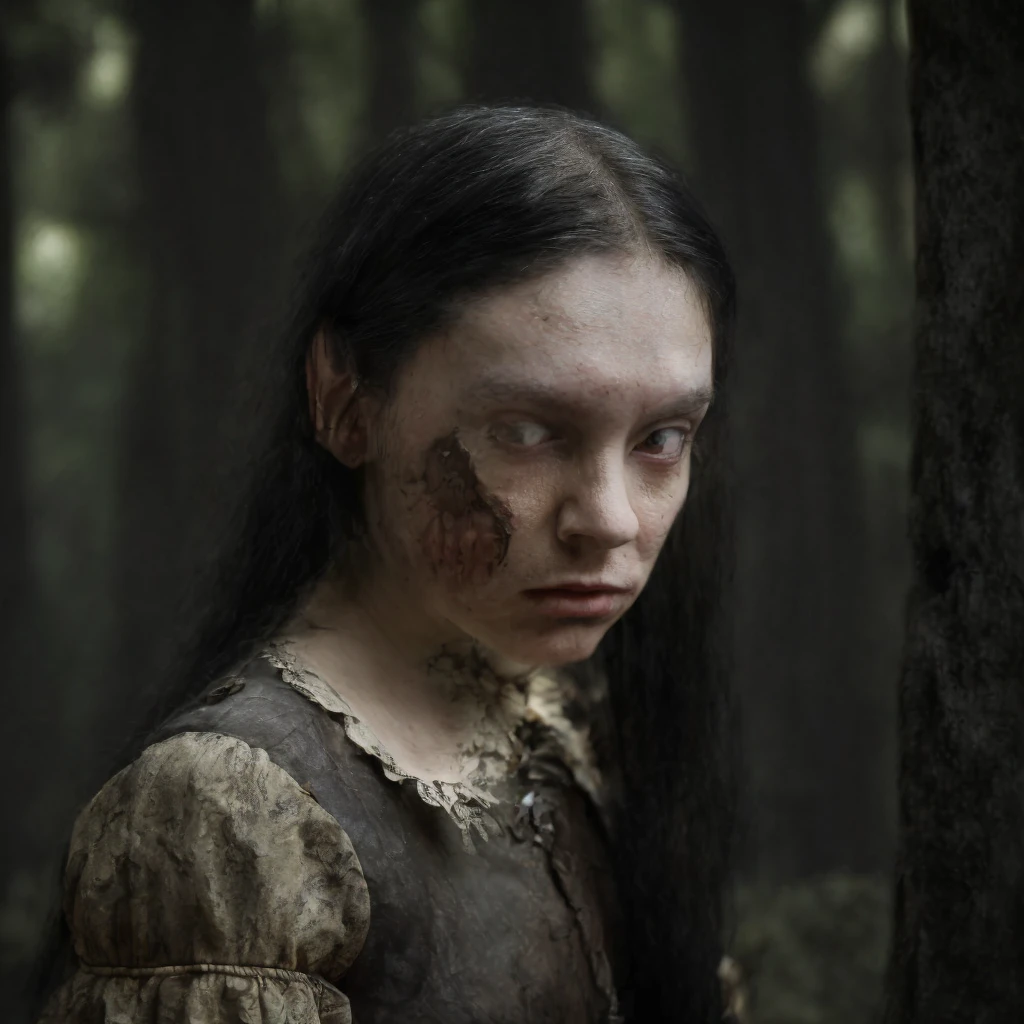 (masterpiece)+, (extremely (realistic)+,a portrait of an extremely ugly undead age girl, half decayed. long black hair, pale yellowish skin, Wearing victorian girl dress, Lost stare. Looking in camera. volumetrics dtx, Photorealistic, ultra detailed, Artstation trending, very very detailed, realistic shaded lighting, dynamic shadows, detailed Forest background, upper body, professional photograph of a detailed skin, sharp focus, dramatic, award winning, cinematic lighting, octane render, unreal engine, volumetrics dtx, Photorealistic, ultra detailed, Artstation trending, very very detailed, hyperrealistic, fine details, realistic shaded lighting, dynamic shadows, Forest background, add_detail:1, skin pores and wrinkles, details.,More Reasonable Details