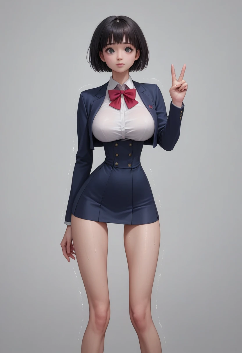 (masterpiece, best quality:1.2), Realistic, front shot, 1girl, kawaii, (super big breasts, micro waist, very long legs:1.3), Black hair, short bob hair, short height, scrawny and thin body, Light Skin, cute big eyes, cute thin face, Tight school blazer, miniskirt, pigeon-toed, wet and sweaty, big visible ribs, V sign, Trembling