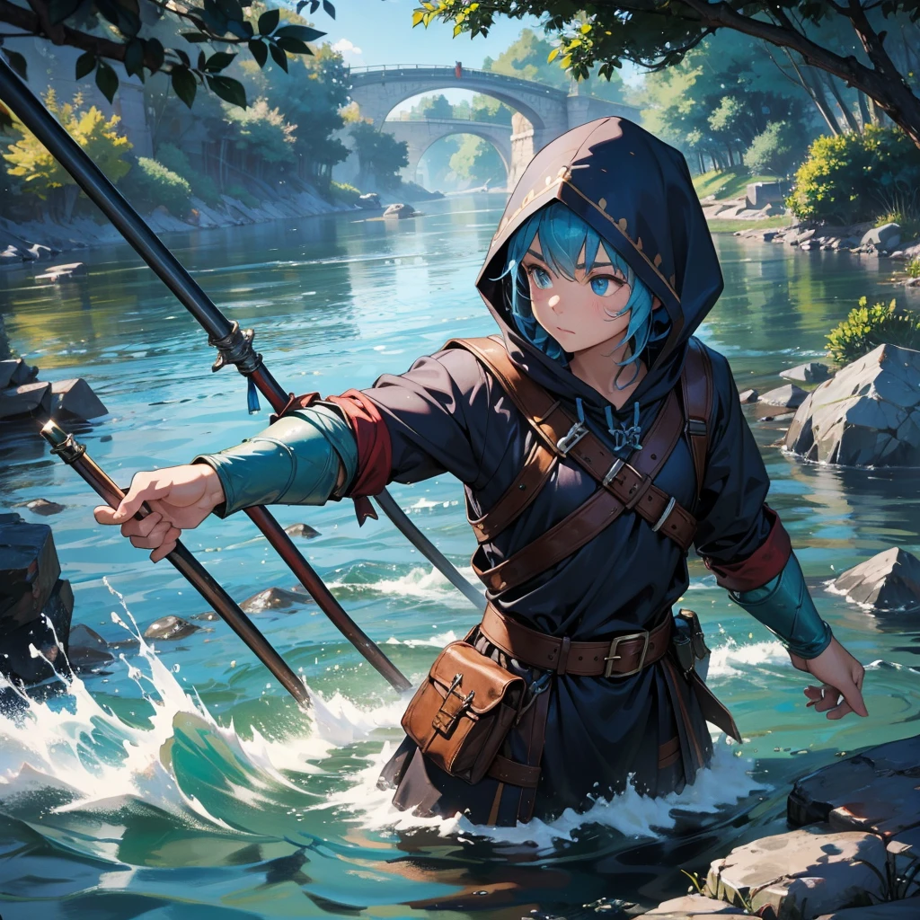 water dwarf in the river with medieval adventurer outfit hood