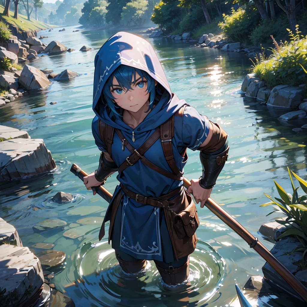 water dwarf in the river with medieval adventurer outfit hood