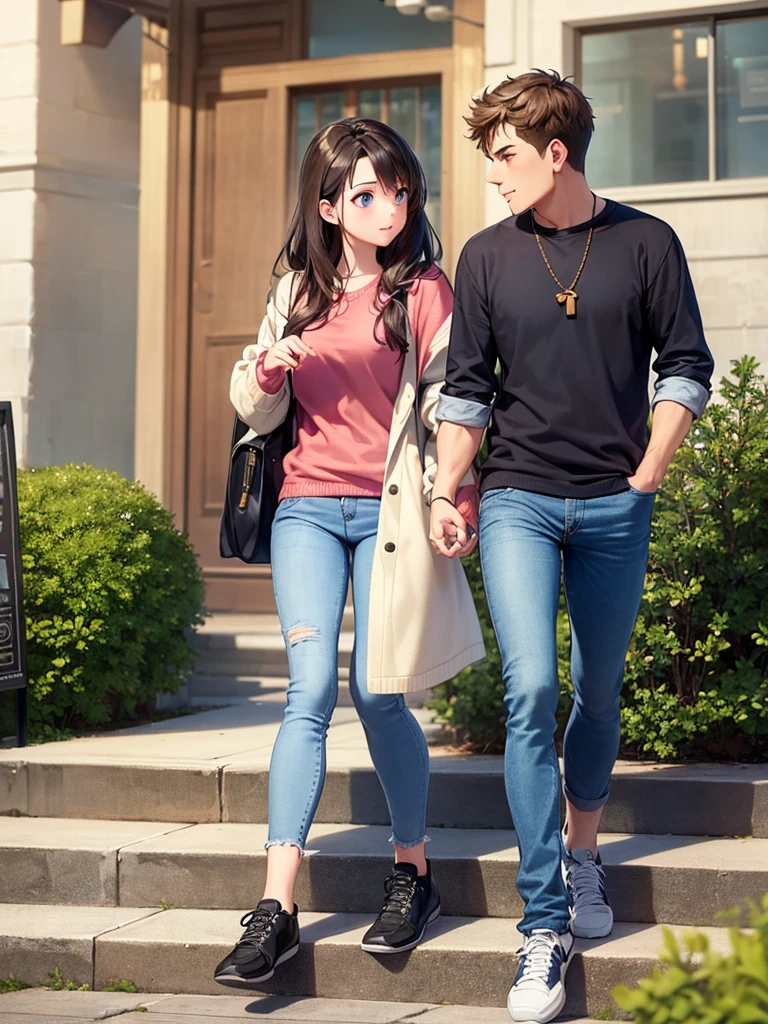 A girl Wearing sweater and denim jeans talking  to her boyfriend on college steps