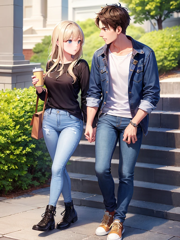 A girl Wearing sweater and denim jeans talking to her boyfriend on college steps