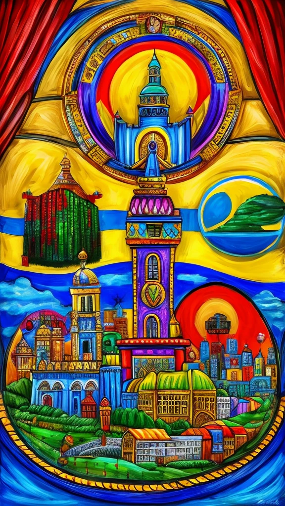 art in style Alla James Rizzi about Tema "Ukraine kultur" make it look more like his picture "love makes a city pretty"