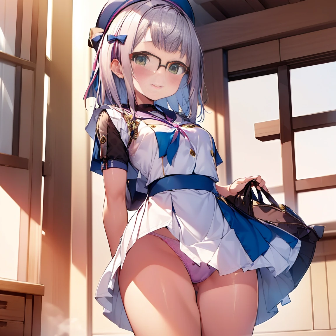 8K、masterpiece、Japanese、Woman wearing glasses、Neon(nod)、from the front、smile、Childish、Small breasts、See-through underwear、night、Bedroom、Show your underwear、mini skirt