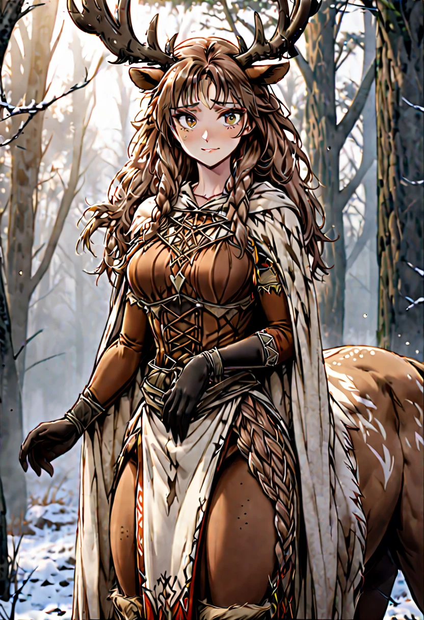 Solo, female, sfw, medium shot, brown hair, long hair, wild hair, deer antlers, huge woman, brown eyes, cape, winter, forest, freckles, shy smile, shy pose, ((deertaur)), deer centaur, villager clothes, medieval, deer body, deer lower body, lugagge, braids