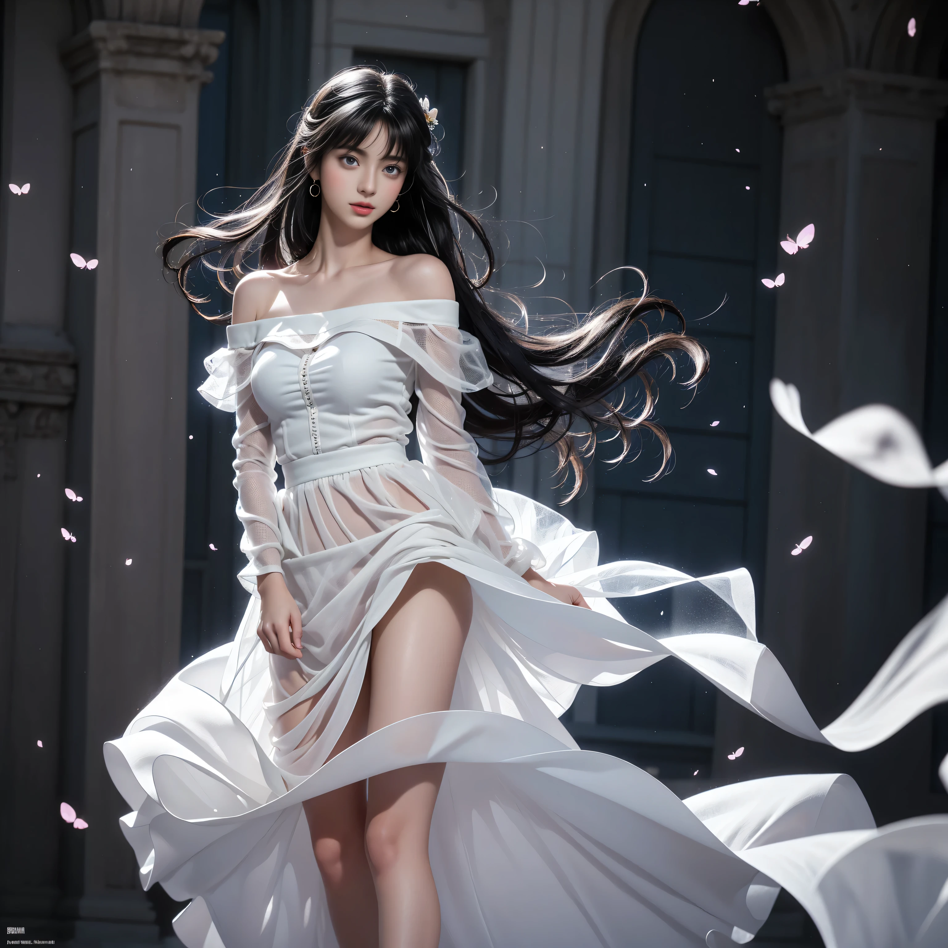 ((Girl standing in front of the wall of an old castle))、Fluorescent color、1 girl、Looking to the side、Beautiful face、Beautiful eyes、(Off the shoulder:1.2)、Upper Body、Shiny Hair、Glowing Skin、 Reduce glare、The proportions of the fingers have been adjusted、Escrow、ass pov、Dynamic Angle、(((Master part)))、(((highest quality)))、(((Super-detailed))) detailed)、(An illustration)、(Detailed light)、(Very delicate and beautiful)、Dramatic_Shadow、Ray_Tracking、reflection、 Ultra-high resolution、((A girl with colorful hair and mesh in her black hair))、 Her hair flutters in the wind、(Large deep blue eyes)、Black Haired Woman、 Sparkling Butterfly、Black-haired woman、Points of light around the woman、Magical Aura、Green dot、Aura About Natural、超Magical AuraBlack-haired woman,((White off-the-shoulder semi-transparent white dress:1.3))、(No sleeve)、((My skirt is flying up in the wind)),((An old European castle is hazy in the distance)),((White panties are visible)),