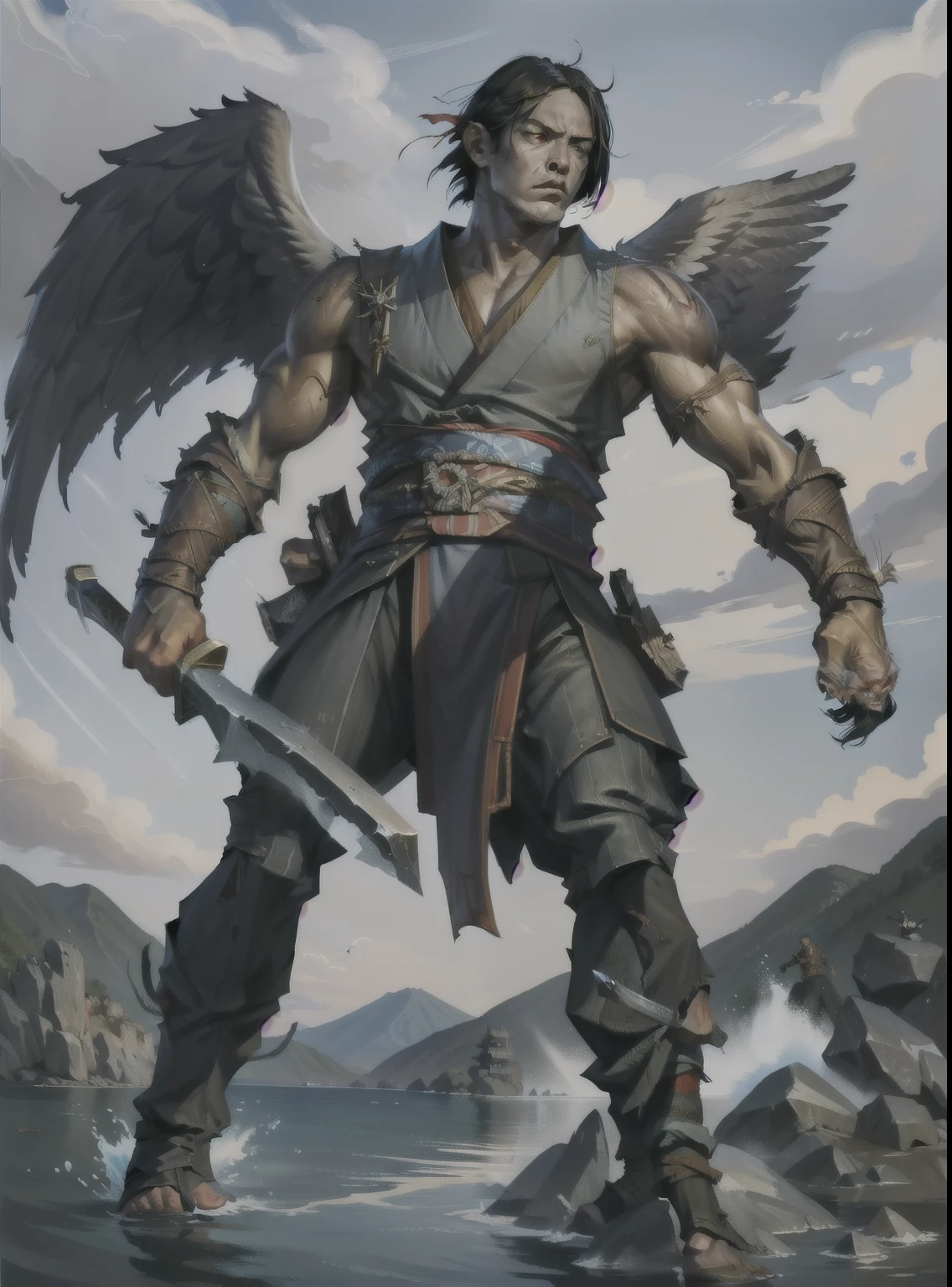 I want you to create a character with red skin and a tengu nose, fantastic creatures from Japanese folklore, this character must have a long kanata in his hands and with jet black hair, and he must have angel wings, only black and very large, he he may be standing up drawing his katana, he may be muscular but not so muscular, and his look must be one of anger, an anvil and forge must be next to him