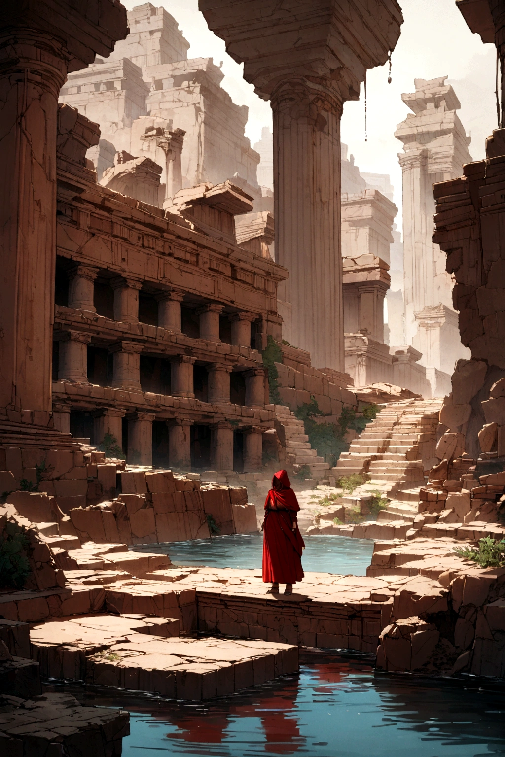 In a world after civilization has collapsed, A row of weathered ruins, standing in deep water, Ruins of a submerged temple,Standing there,Red long dress, Red Hood, He wears a very long red scarf around its neck, A lot of red clothes are flying in the air, desert sand, high quality, 8K