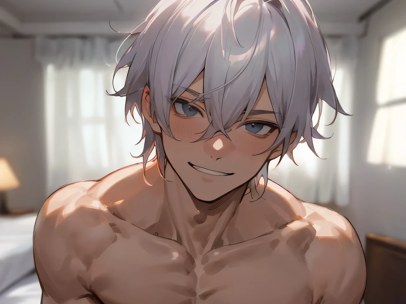masterpiece,naked,aldult.,male,Handsome,Cool vibe,I,Silver-haired,mash,Gloomy mood(Masseter muscle area,Viewer Perspective,Upper Body,Face close-up,Horny,Wicked Smile,Yandere atmosphere light,Hotel room bed