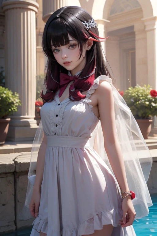 Columbina_(genshin impact) VTuber, multicolored hair, black hair, pink hair, magenta roses, ornament hair, roses on her hair, maid, maid dress, maid headdress, maid apron, long hair, pool scene, pool scenery, white dress, more details on her clothes, magenta details, pool, smiling, coat, solo, centered girl, cowboy shot, perfectly body, perfectly hands, two arms, two legs, two hands, five fingers, perfect ???????, glowing hair, red roses, 1girl, dress, solo, flowing hair, floating hair, ornament hair, perfectly body, perfectly hands, on the pool, sparkles, more details on her clothes, dress with transparency, golden details on her dress, holding a ice cream, ((4k, masterpiece, top-quality)), 8k, best quality, high resolution, UHD, (illustration:0.8), super cute girl, delicate and beautiful face, mature girl, super cute hairstyle, (beautiful detailed eyes:1.6), extremely detailed face, perfect lighting, extremely detailed CG, (perfect hands, perfect ???????), Best quality, cleavage, small skirt, full Body, two arms, two legs, two hands, five fingers