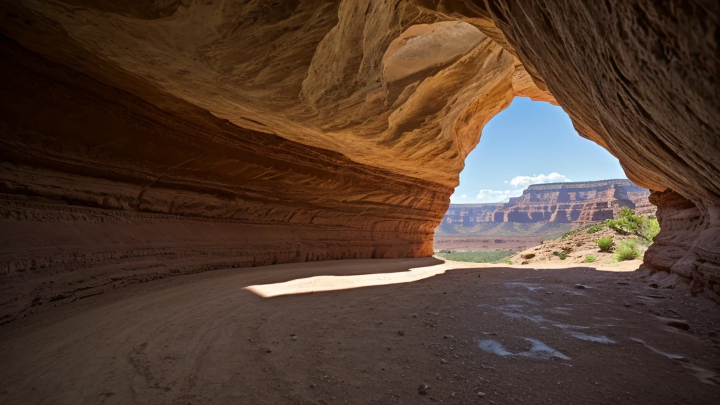 A sweeping vista of the entire canyon, showcasing the majestic red rock formations against a vibrant blue sky dotted with fluffy white clouds. Capture the vastness of the landscape and the dramatic interplay of light and shadow across the canyon walls and floor.