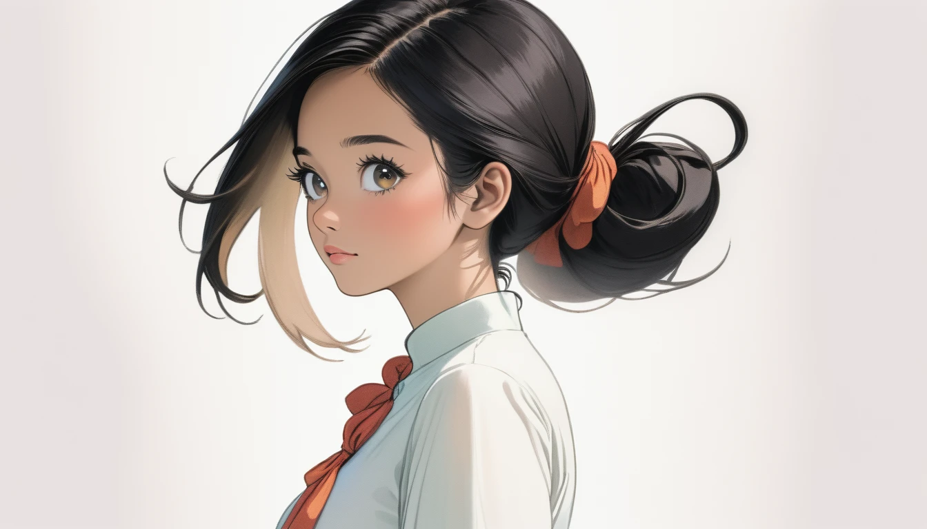 A 25-year-old black-haired Malaysian woman looks up from behind. White background, hair tied above the neck. Colored pencil drawing. white blouse. From head to toe. Whole body.