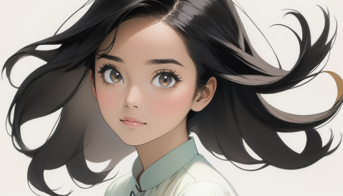 A 25-year-old black-haired Malaysian woman looks up from behind. White background, hair tied above the neck. Colored pencil drawing. white blouse. From head to toe. Whole body.
