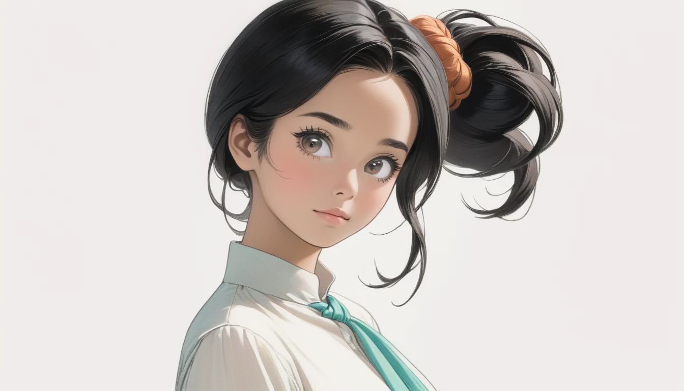 A 25-year-old black-haired Malaysian woman looks up from behind. White background, hair tied above the neck. Colored pencil drawing. white blouse. From head to toe. Whole body.