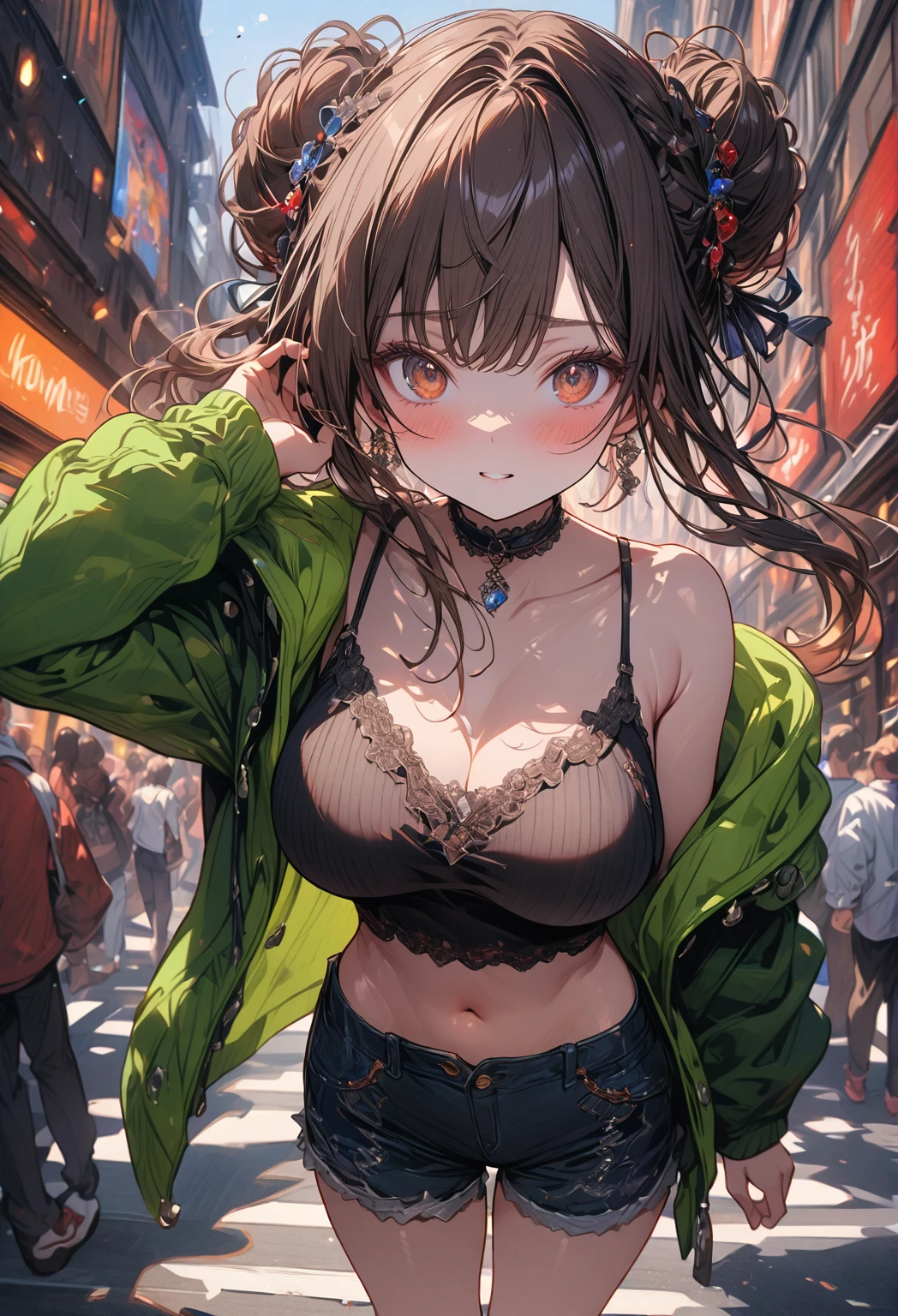 ((masterpiece:0), best quality, very aesthetic, newest, absurdres, detailed, high quality)
BREAK
highest quality, top quality, details, highres, ultra fine painting, digital art, official art, cinematic, 4k, 8k resolution, 8K CG wallpaper, CG, original artwork, detailed background, colorful background, blue atmosphere, High Dynamic Range, blurry background, blue hour, Starburst effects, crepuscular rays, good ISO, high resolution, wide shot, from far away, RAW photo, POV, sharp focus, light reflection, reflections, intricate details, soft light, particle noise, professional photography, bokeh, depth of field, natural lighting, vibrant colors, looking away, detailed lights and shadows, stylish, ultra-detailed, top rated on Pixiv, trending on Artstation, niji style, modern-days, master crafted, pose
BREAK
solo, close up shot, from above, 1girl, pale skin, correct fingers, detailed hand, (big tight breasts:1.2), big thighs, small torso, short body, flushtered, blush, anxious expression, casual, slim, ((cute, childlike face):1.3), nice hips, nice body, brown hair, (very long flowing hair, (big 2 buns hairstyle)), long bangs, long hair, middle hair bangs, brown eyes
BREAK
(black string tank top, choker, off shoulder open green hoodie, (tummy skin), open unbuttoned shorts, many colors outfit ornaments)
BREAK
a person walking down a street with a crowd of people, crowded street, crowded streets, in front of a large crowd, giant crowd, girl walking through city, people walking down a street