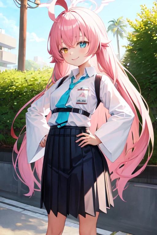 masterpiece, Highest quality, Super detailed, One girl, Hoshino, White shirt, Pleated skirt, smile, Are standing,
Outdoor, yukata,hands on hips