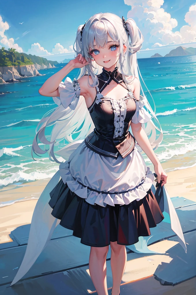 8K, Highest quality, masterpiece, Ultra-detailed、One-sided up hair、one side up、Silver Hair、Medium hair 、one side up、full lips、Blue Eyes、18Year-old beauty、Portrait、School、smile、Ocean、Sandy Beach、Swimwear、Random facial expressions、Beachside