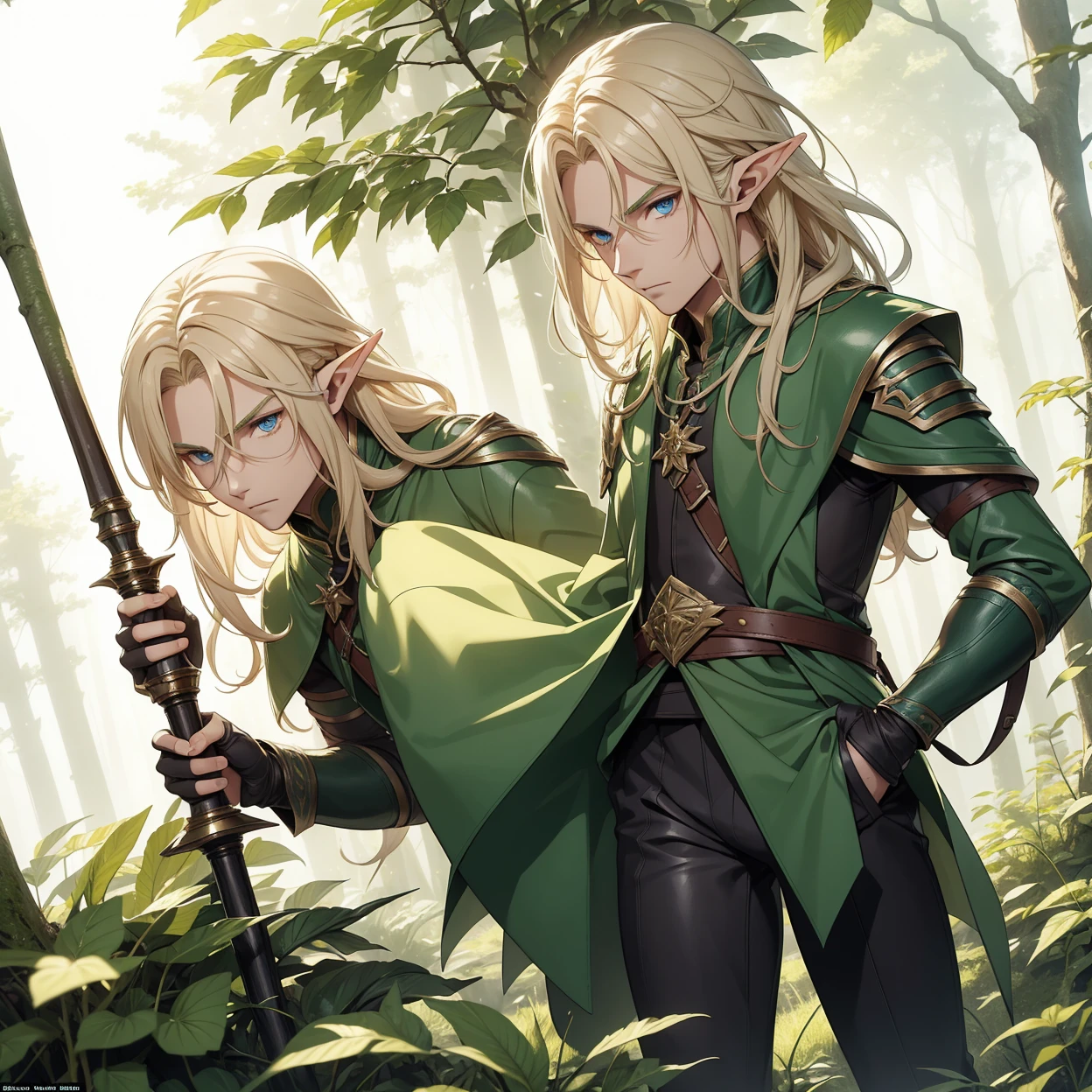 A male elf that possesses flowing blonde hair and striking blue eyes, typical of his elven heritage. He dresses in supple, forest-green leather armor crafted for agility and stealth, complemented by dark trousers and sturdy boots that allow him to move swiftly through the dense underbrush of Evershade Forest.
