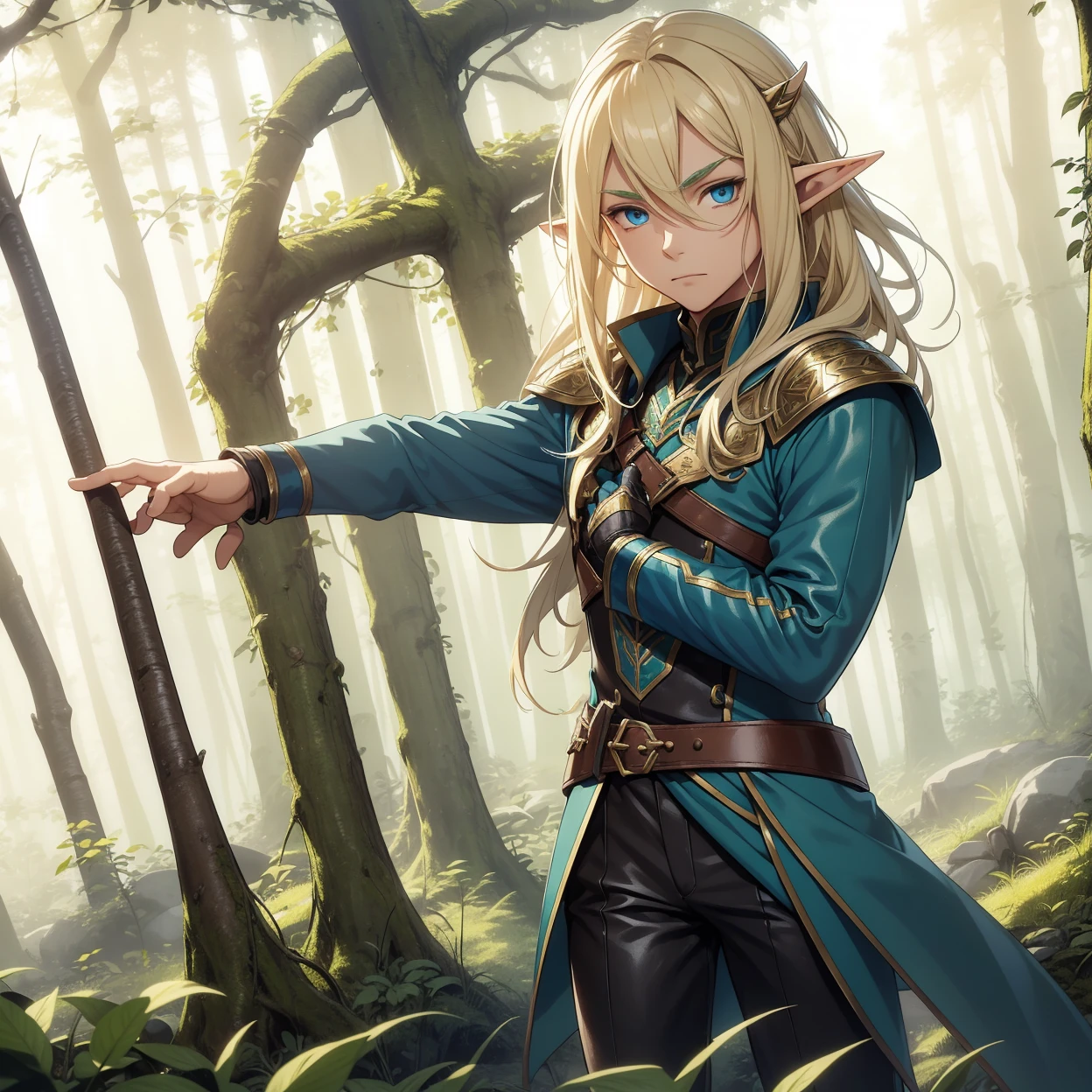 A male elf that possesses flowing blonde hair and striking blue eyes, typical of his elven heritage. He dresses in supple, forest-green leather armor crafted for agility and stealth, complemented by dark trousers and sturdy boots that allow him to move swiftly through the dense underbrush of Evershade Forest.