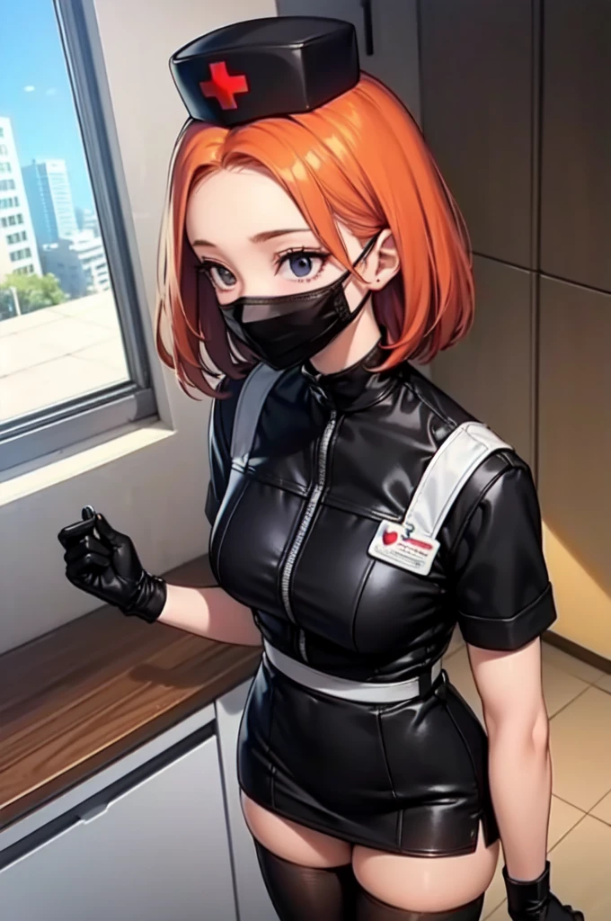 black nurse, 1girl, solo, black nurse cap, black nurse uniform, ((black legwear, zettai ryouiki)), black elbow gloves, very short hair, orange hair, ((black surgical mask, covered nose)), standing, ((surgery room)), sharp outline, short sleeves, tomboy, boyish, best quality, masterpiece