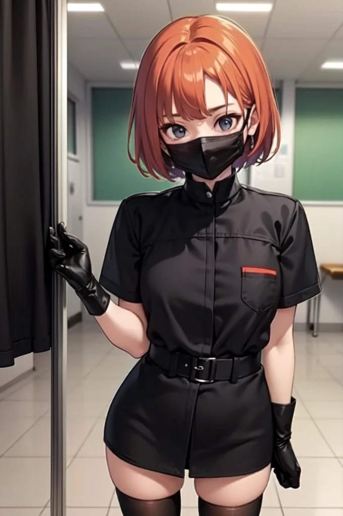 black nurse, 1girl, solo, black nurse cap, black nurse uniform, ((black legwear, zettai ryouiki)), black elbow gloves, very short hair, orange hair, ((black surgical mask, covered nose)), standing, ((surgery room)), sharp outline, short sleeves, tomboy, boyish, best quality, masterpiece