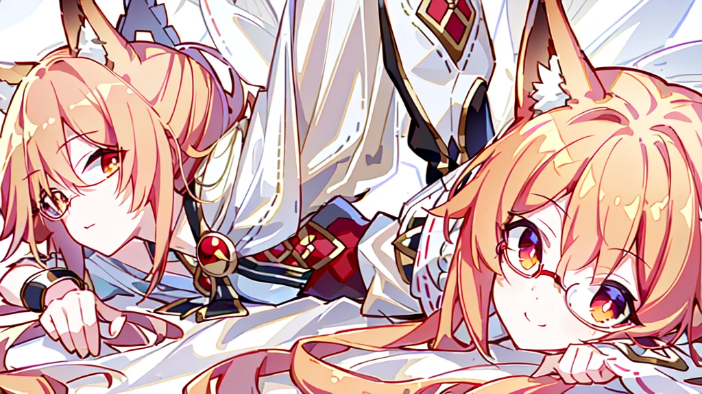 ((Best quality)), ((masterpiece)), (detailed), best quality,8K,original photo,Red Fox Maiden,touch fox,Castle Background, Liveliness. Carefree happy joy bokeh background. Quiet aesthetics. Soft lighting. Artistic Lighting. Gold frame glasses