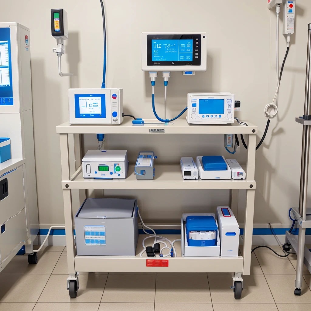 An rectangular big box top contains a adjustable screen ,at the middle need a iv  infusion pump, at the side all vital equipment, another side handrub glove box , another side defibrillator . This is an digital emergency bedside box in hospital ward