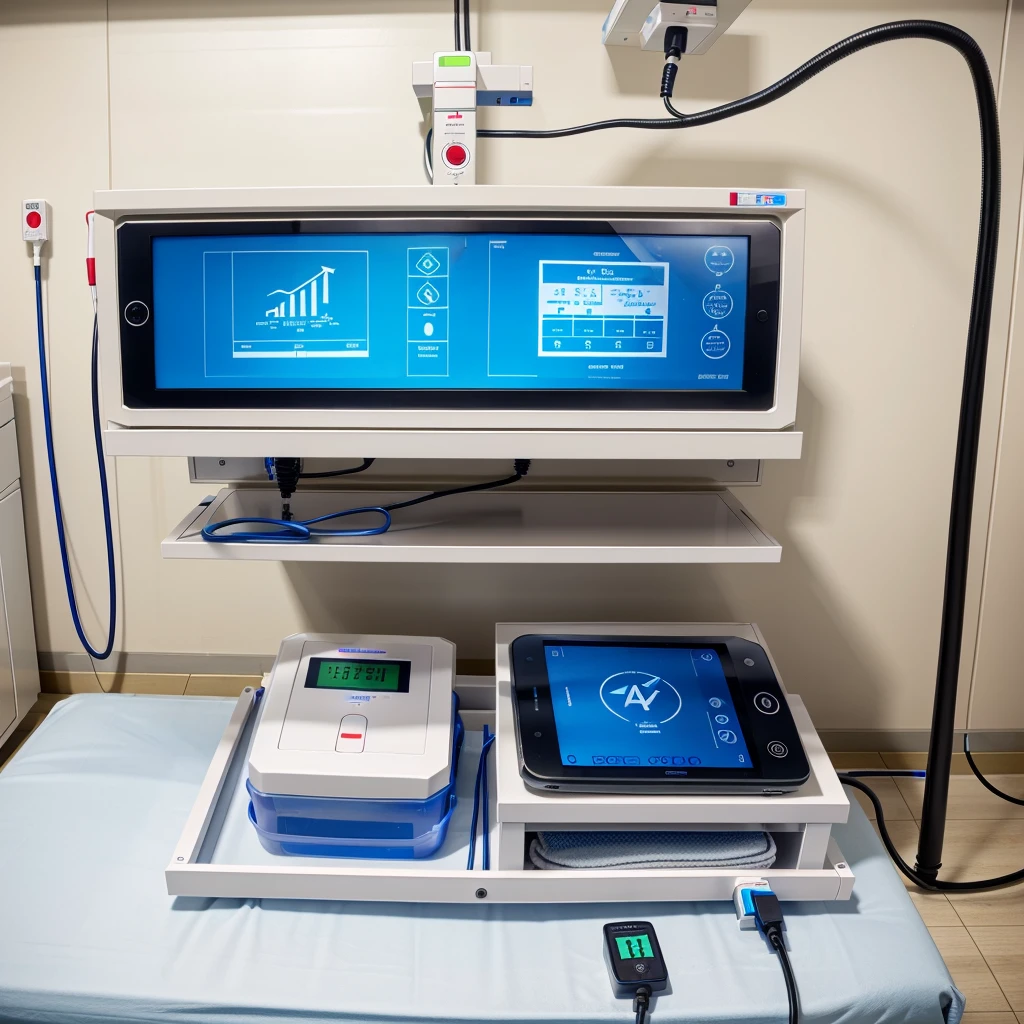 An rectangular big box top contains a adjustable screen ,at the middle need a iv  infusion pump, at the side all vital equipment, another side handrub glove box , another side defibrillator . This is an digital emergency bedside box in hospital ward