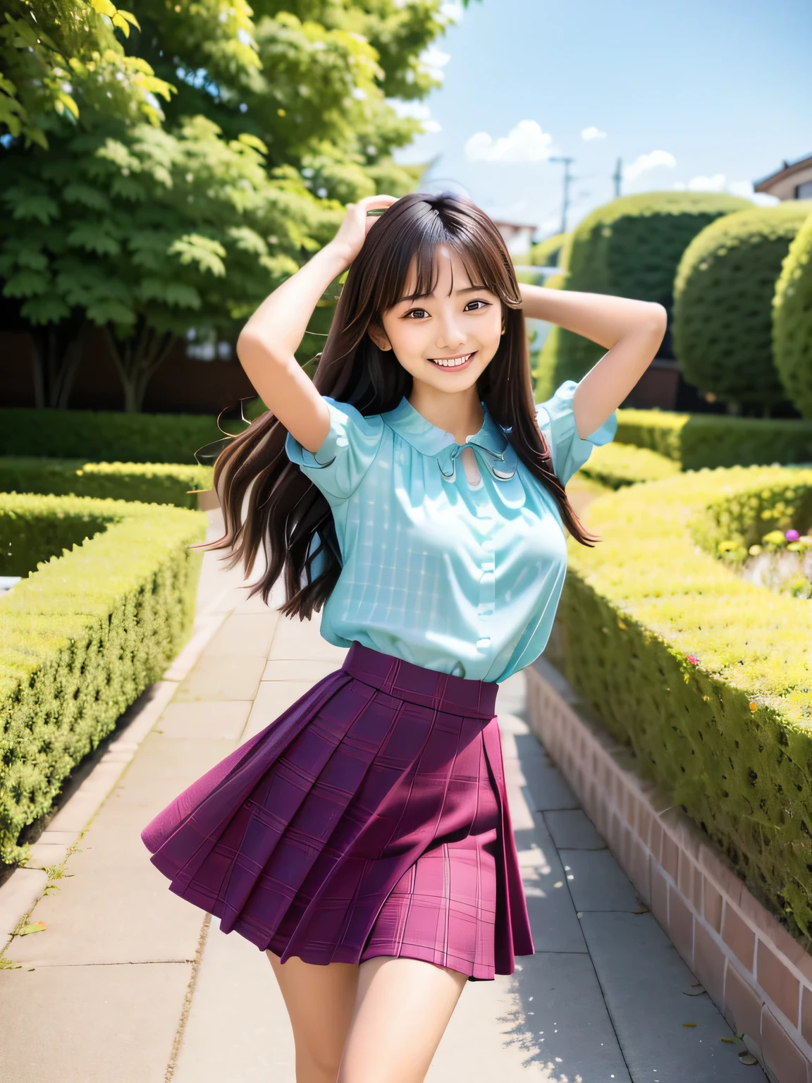 A young Asian woman in a plaid skirt poses for a photo, She is wearing a pastel colored silk blouse, wearing Japanese , Japanese girl , Japanese , A young and cute gravure idol, kimi takemura, Young Gravure Idol, Japanese model, cute , Wearing a skirt and knee-high socks, Young and thin gravure idol, portrait of a Japanese teen, Long Straight Hair, Girl with straight black hair, dancing, Posing, Jumping, Face that faithfully reproduces the face of LoRA, High resolution, Very detailed, Natural Bangs, highest quality