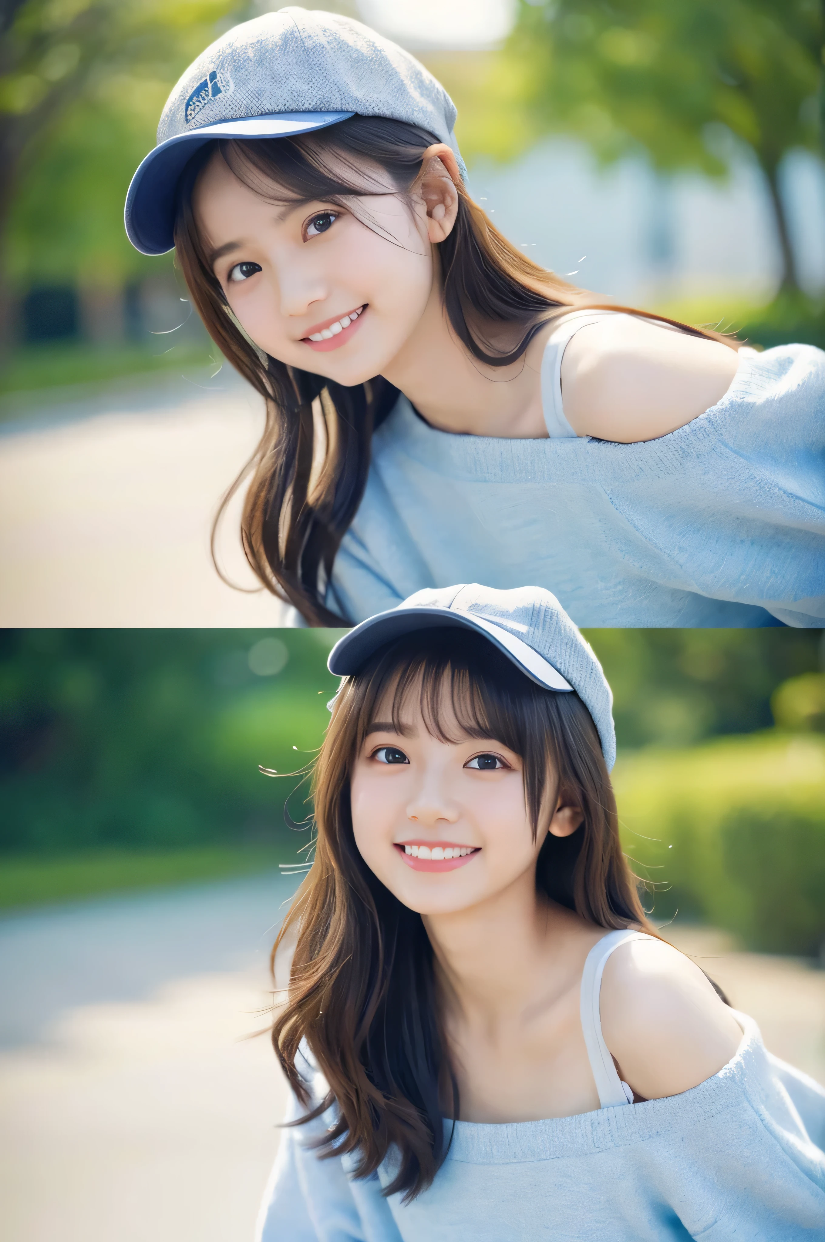 (Highest quality,4K,8K,High resolution,Tabletop:1.2),Very detailed,(Realistic,photoRealistic,photo-Realistic:1.37),Japanese animation,Soft colors,Great lighting,A girl with an innocent look,City street corner,Spring clothing details,My cheeks got red from the cold,fun,Light of the sun,peaceful and calming atmosphere,Clear blue sky,Lively, expressive eyes,Blushing,Laughter of joy,Fresh spring air,Off-the-shoulder sweatshirt top,Baseball cap,Delicate and graceful movements,Innocence and purity,Childlike wonder and delight,Vivid animated scenes,Soft and comfortable clothing texture,Smiling and happy faces,