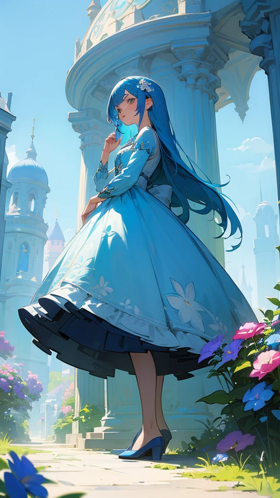 A woman with long, tousled blue hair wearing a blue and white patterned dress, standing in a colorful, whimsical scene with flowers and buildings in the background. The image has a dreamy, fantasy-like style with vibrant colors and details.
