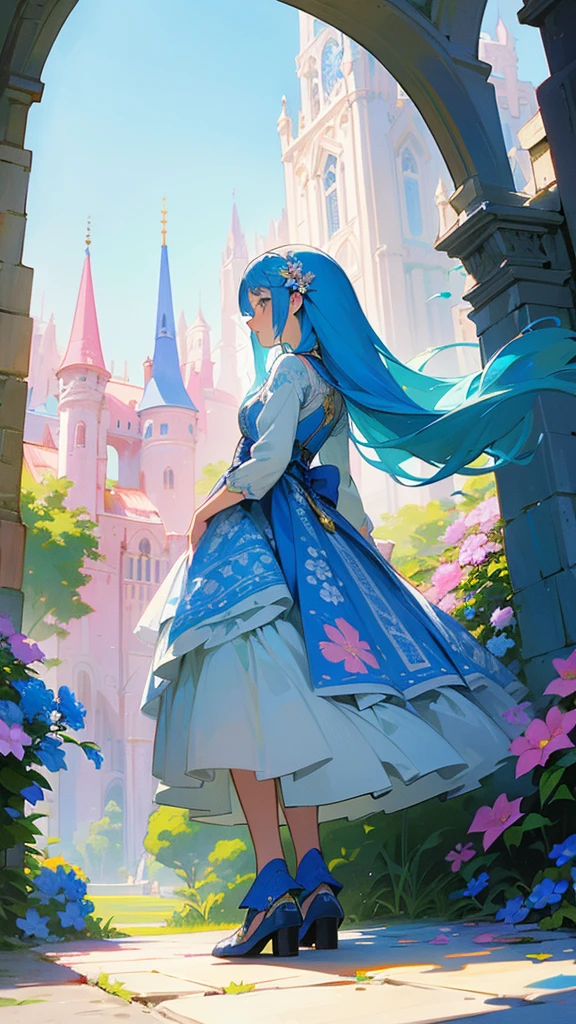 A woman with long, tousled blue hair wearing a blue and white patterned dress, standing in a colorful, whimsical scene with flowers and buildings in the background. The image has a dreamy, fantasy-like style with vibrant colors and details.