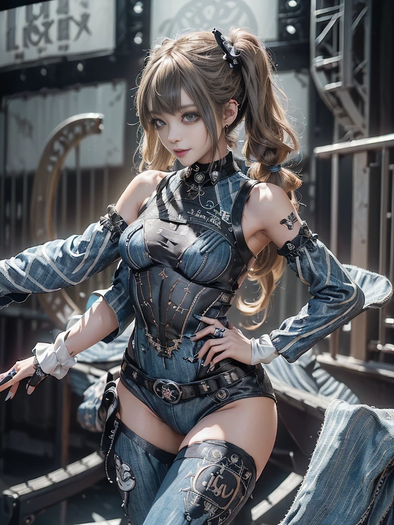 (Full Body View:1.4)、(Side view:1.1)、(Smiling with teeth showing:1.3),(Shibuya Gal:1.5)、(Gothic ta style fashion:1.5)、(Punk RockVisual Kei:1.5)、(Wearing a rhythmic gymnastics bodysuit with intricate details:1.4)、(Racing suit and pants with intricate decorations in white, denim and charcoal:1.5)、(Denim and light blue and white boots:1.3)、((belt))、(Numerous delicate logo marks all over the costume:1.4)、(collar:1.3)、(Striped underwear:1.5)、20-year-old、NSFW、((Highest quality、In 8K、masterpiece:1.3))、Sharp focus:1.2、(Layered Cut、Huge boobs:1.1),Beautiful woman with perfect figure:1.4、(Dancing vigorously:1.3)、Slender Abs:1.2、Highly detailed face and skin texture、Detailed eyes、double eyelid,(Twin tails:1.3)、(Brown-golden hair:1.3)、Gravure idol、(The background is the stage of the fashion show:1.3)、(Slim body:1.3),(Make your legs thinner:1.4),（clavicle:1.1）、(Thin and slim thighs:1.3)