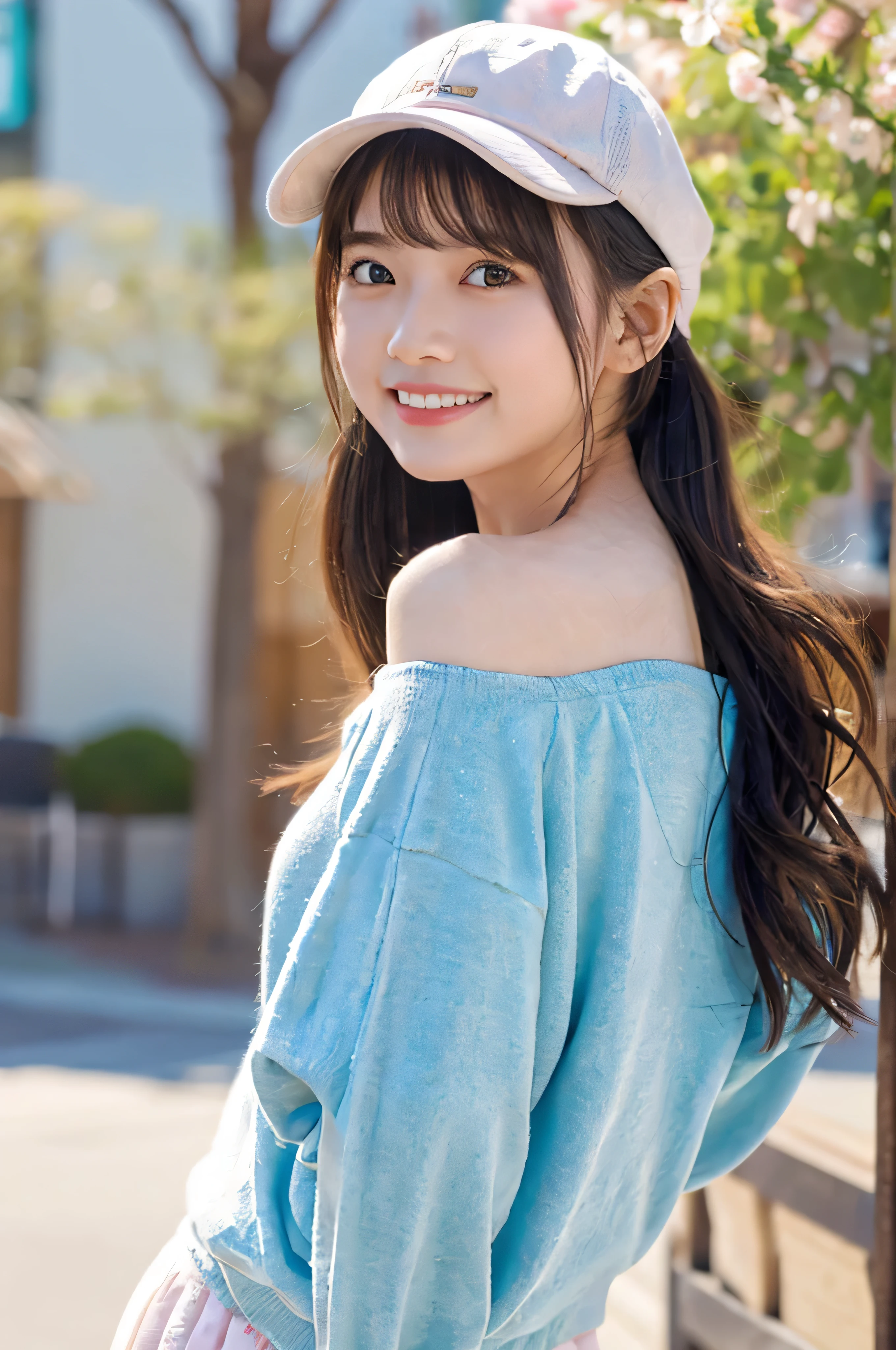 (Highest quality,4K,8K,High resolution,Tabletop:1.2),Very detailed,(Realistic,photoRealistic,photo-Realistic:1.37),Japanese animation,Soft colors,Great lighting,A girl with an innocent look,City street corner,Spring clothing details,My cheeks got red from the cold,fun,Light of the sun,peaceful and calming atmosphere,Clear blue sky,Lively, expressive eyes,Blushing,Laughter of joy,Fresh spring air,Off-the-shoulder sweatshirt top,Baseball cap,Delicate and graceful movements,Innocence and purity,Childlike wonder and delight,Vivid animated scenes,Soft and comfortable clothing texture,Smiling and happy faces,