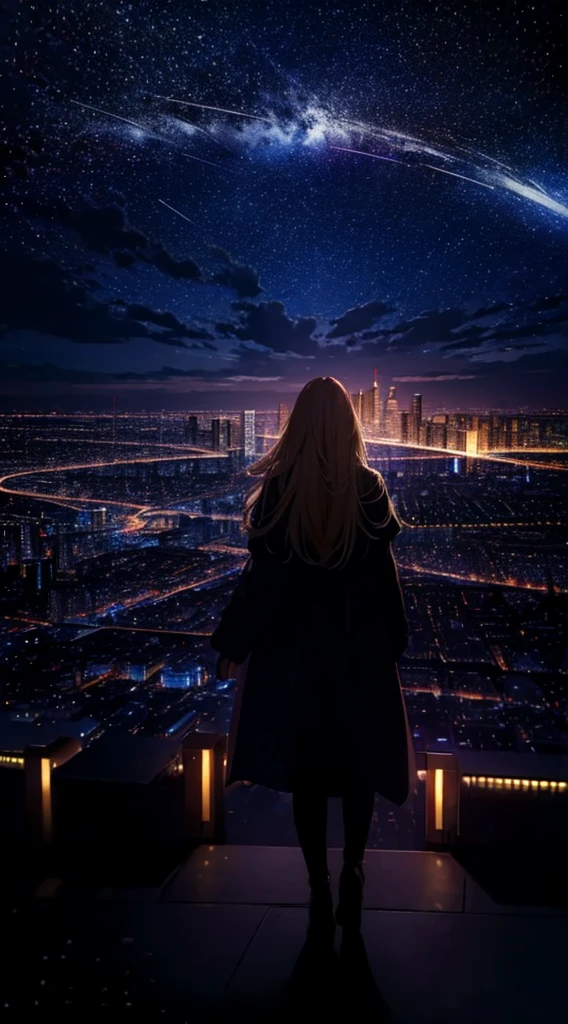 １people々々々々々々々々々々,Blonde long-haired woman，Long coat， Dress Silhouette， Rear View，Space Sky, comet, Anime Style, City night view from the rooftop，Countless crosses of light in the city，