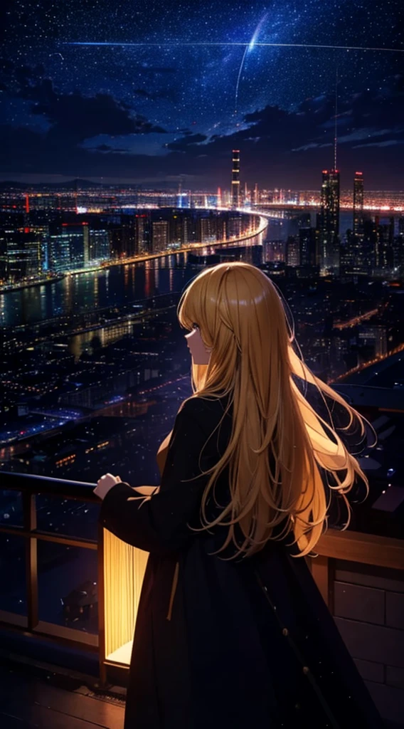 １people々々々々々々々々々々,Blonde long-haired woman，Long coat， Dress Silhouette， Rear View，Space Sky, comet, Anime Style, City night view from the rooftop，Countless crosses of light in the city，