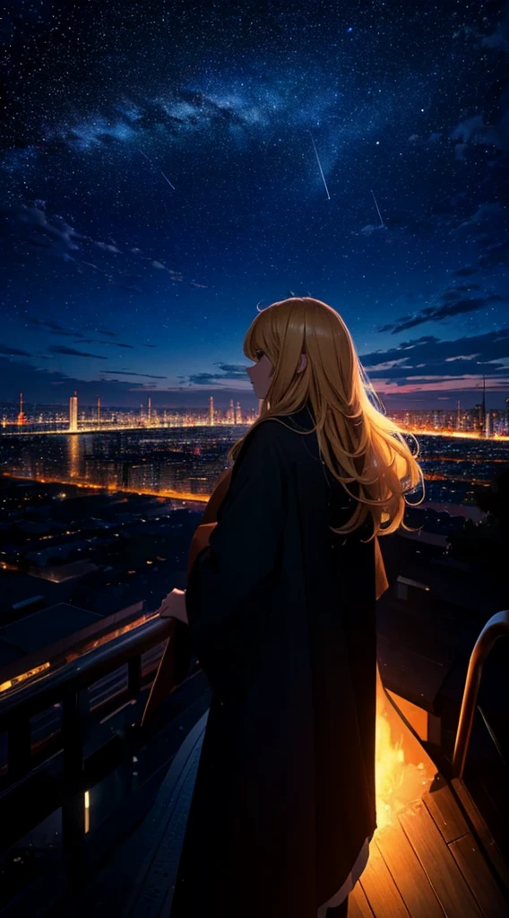 １people々々々々々々々々々々,Blonde long-haired woman，Long coat， Dress Silhouette， Rear View，Space Sky, comet, Anime Style, City night view from the rooftop，Countless crosses of light in the city，