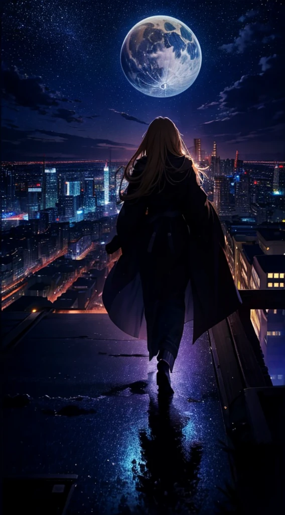 １people々々々々々々々々々々,Blonde long-haired woman，Long coat， Dress Silhouette， Rear View，Space Sky, comet, Anime Style, City night view from the rooftop，Countless crosses of light in the city，